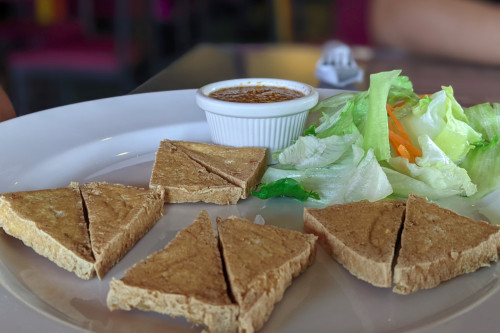 Fried tofu appetizer with sauce and salad